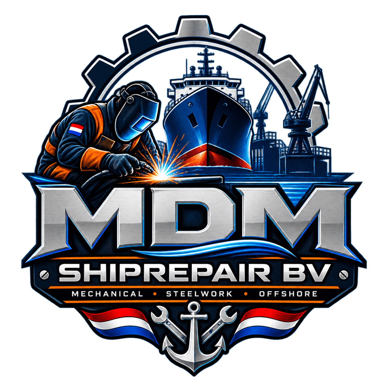 MDM SHIPREPAIR BV emblem with a welder, ship, gear and anchor